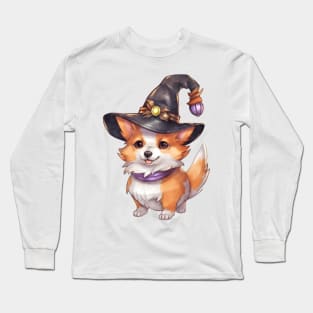 Watercolor Pembroke Welsh Corgi Dog in Witch Hat Long Sleeve T-Shirt